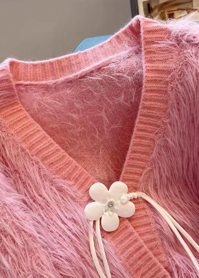 Pink Patchwork Mink Hår Strikket Cardigan V-hals Kvast Efterår - Dame cardigans