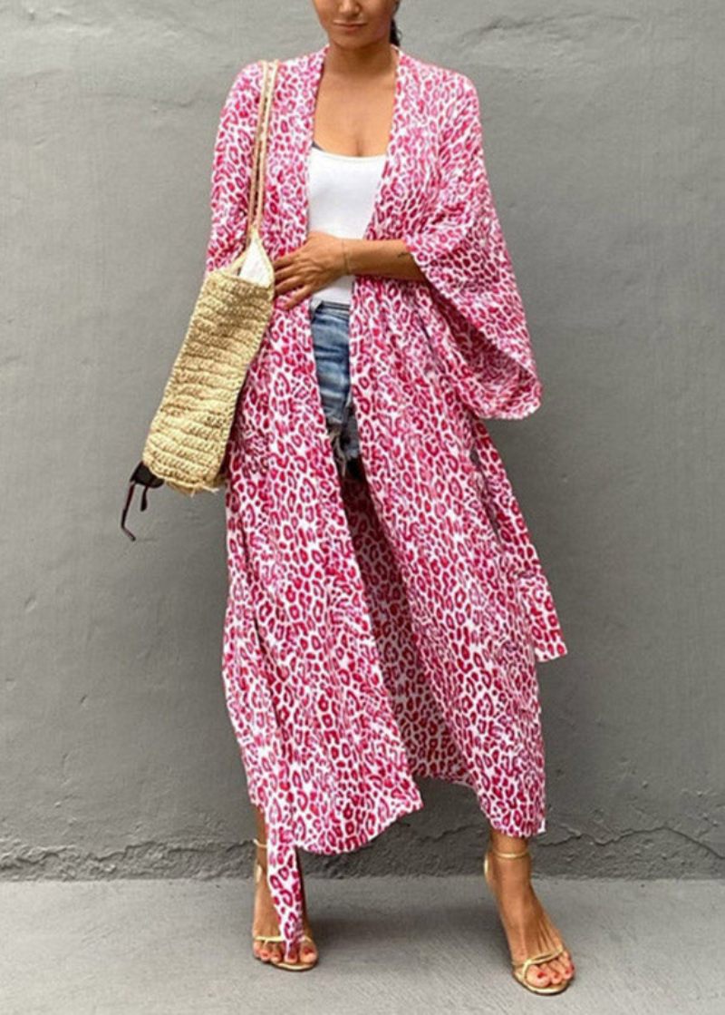 Pink V-hals Dot Tie Talje Bomuld Maxi Beach Cardigans Lange Ærmer - Pink