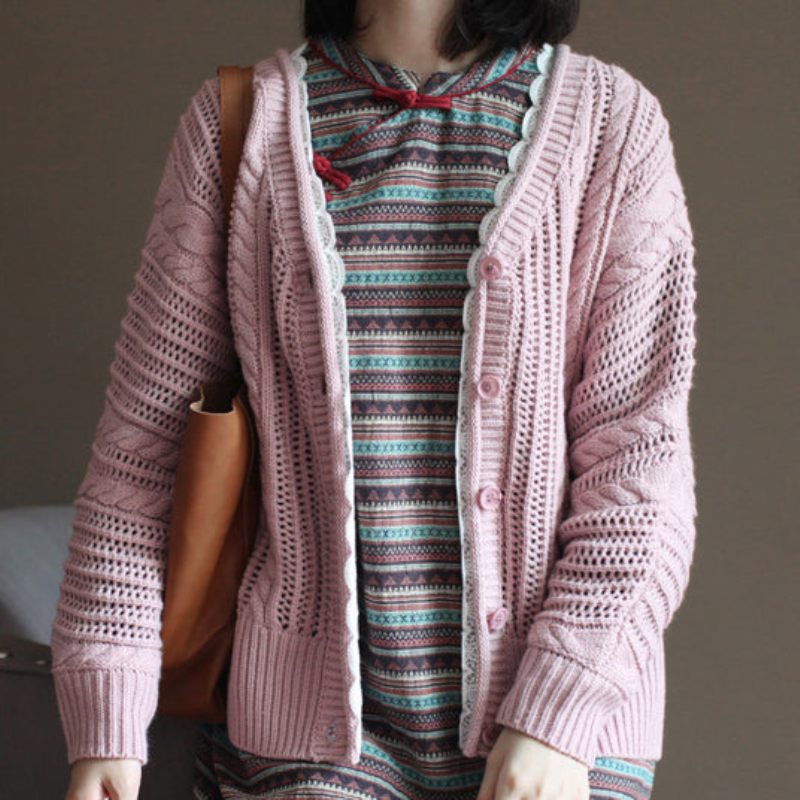 Pink Vintage Bomuldstrøje Toppe Løse Afslappede Blonder Chunky Strik Cardigans