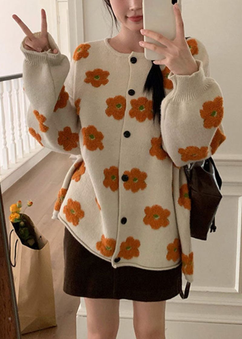 Plus Size Abrikos Blomster Bomuld Strik Sweater Frakker Langærmet - Abrikos