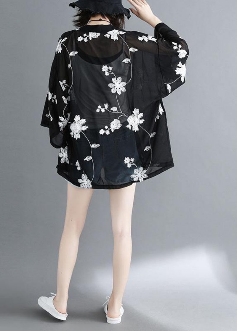 Plus Size Black Bat Wing Sleeve Sommer Langærmede Cardigans - Hvid