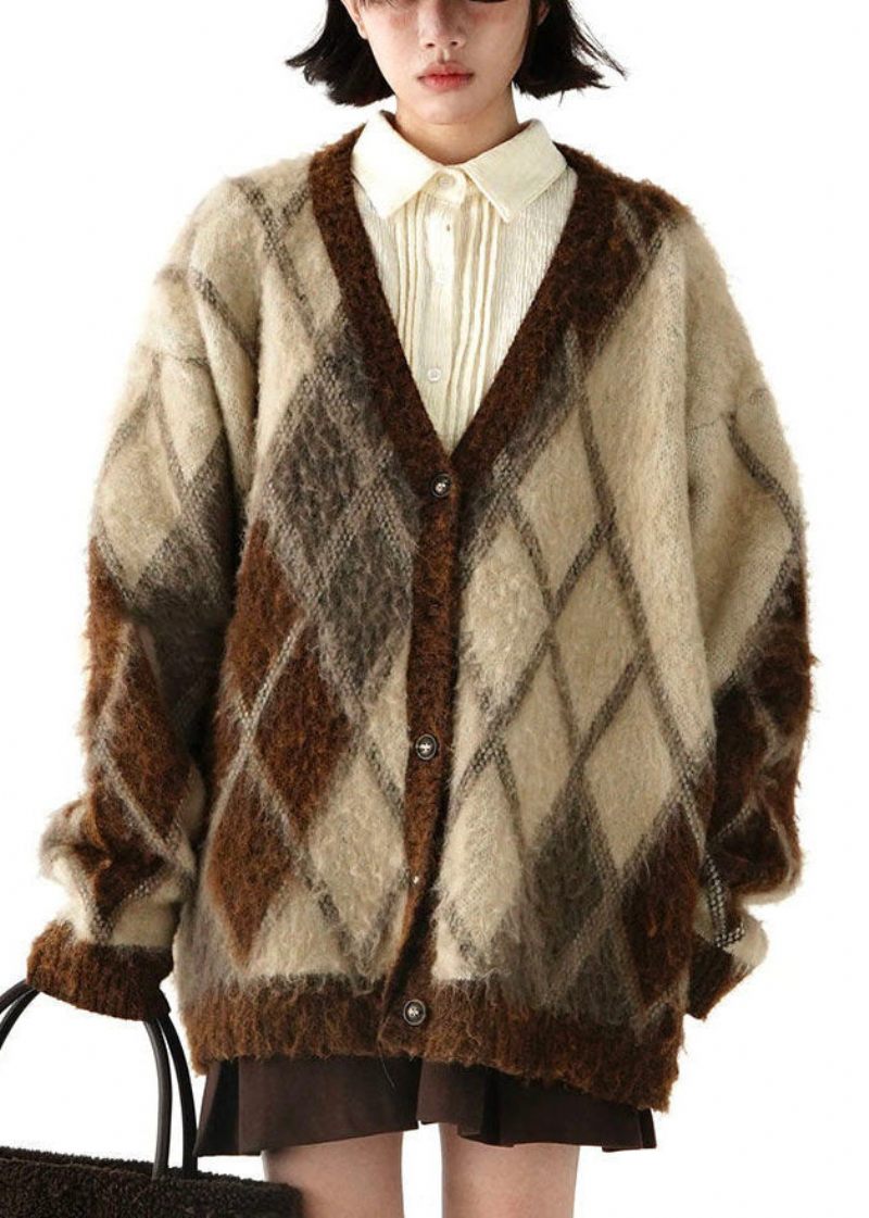 Plus Size Brun V-hals Plaid Varm Fleece Strik Cardigans Vinter