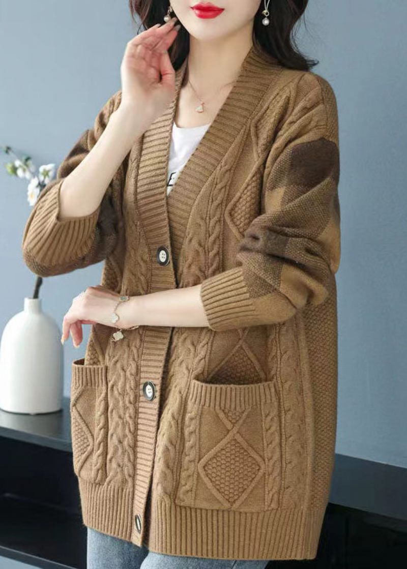 Plus Size Camel V-hals Lommer Knap Patchwork Strik Cardigan Efterår