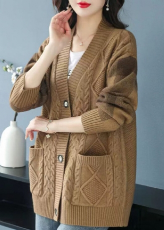 Plus Size Camel V-hals Lommer Knap Patchwork Strik Cardigan Efterår