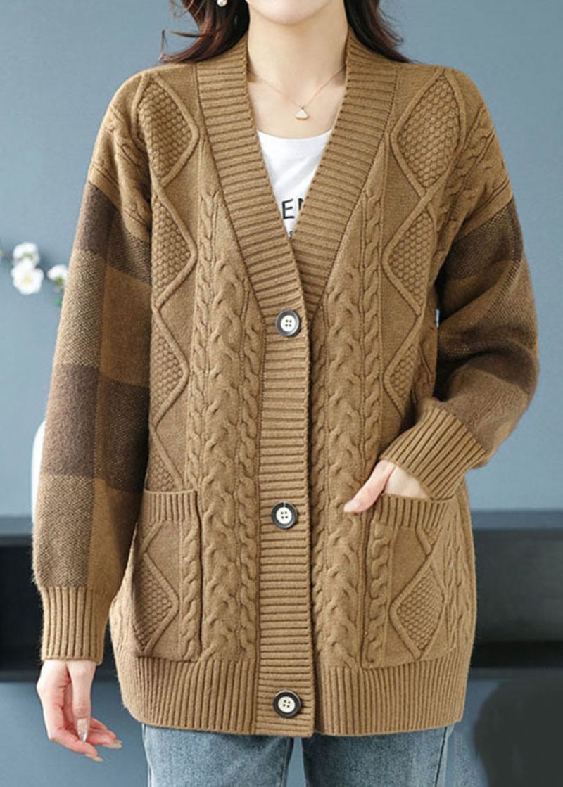 Plus Size Camel V-hals Lommer Knap Patchwork Strik Cardigan Efterår - Dame cardigans