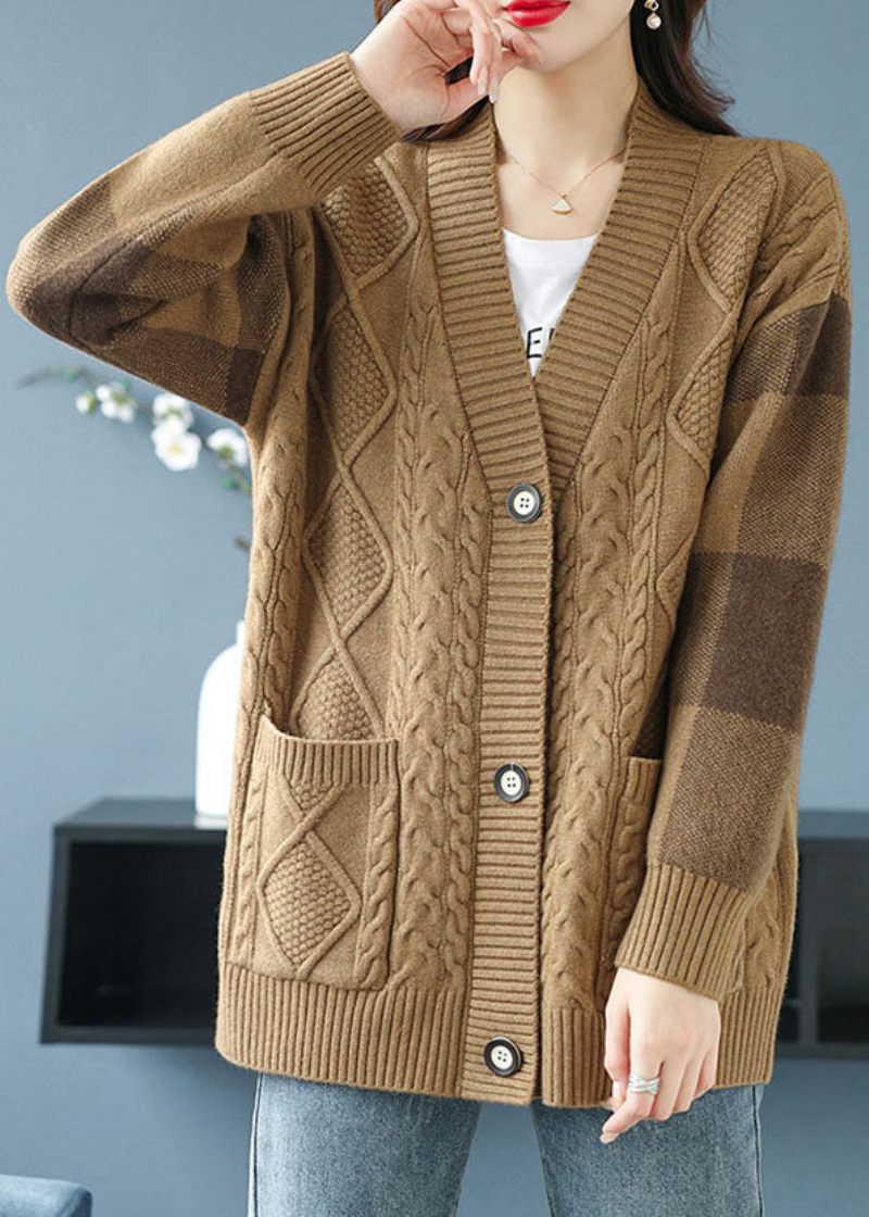 Plus Size Camel V-hals Lommer Knap Patchwork Strik Cardigan Efterår - Dame cardigans