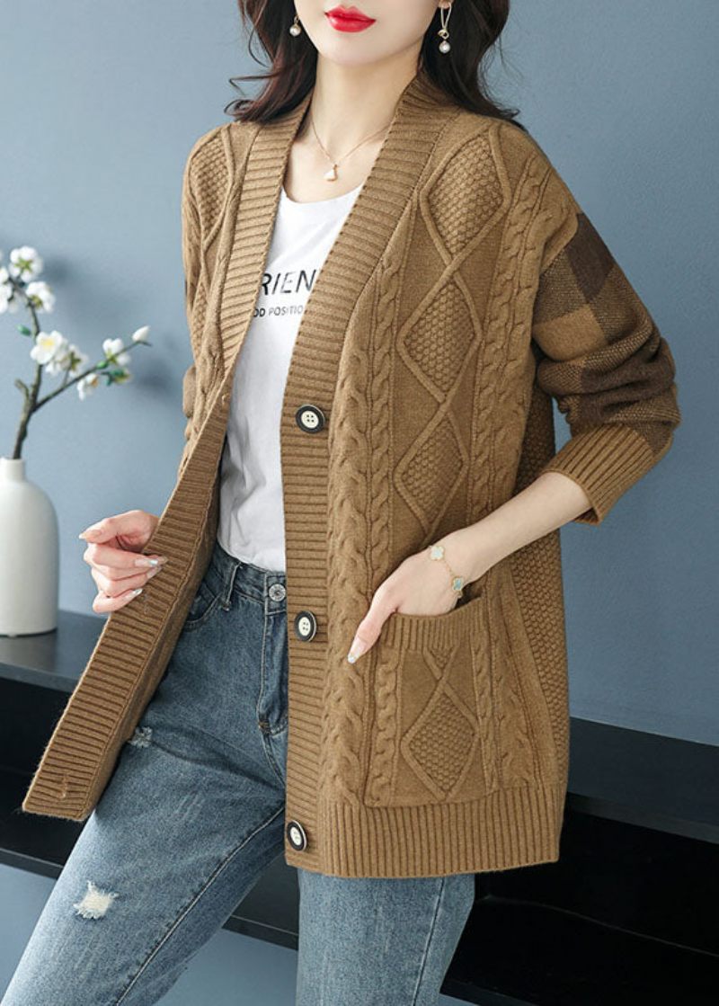 Plus Size Camel V-hals Lommer Knap Patchwork Strik Cardigan Efterår - Dame cardigans