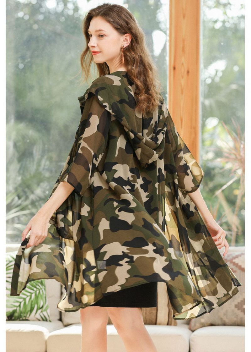 Plus Size Camouflage Hætteprint Chiffon Cardigan Sommer - Dame cardigans