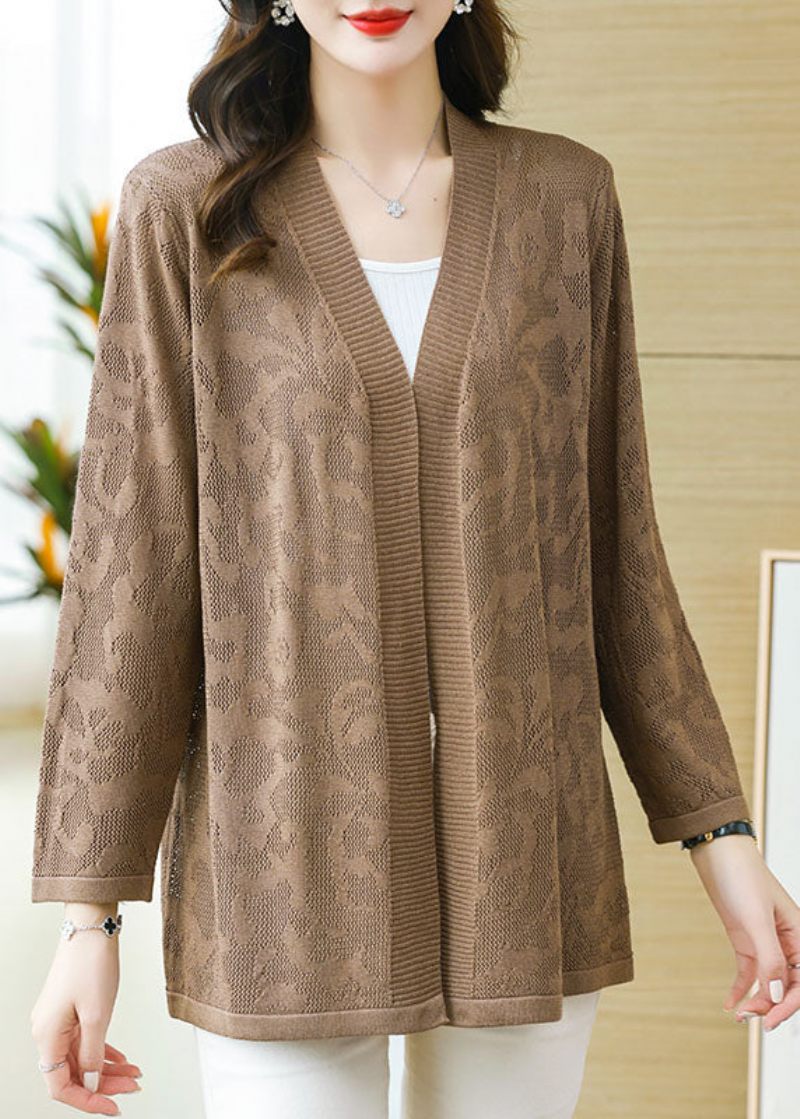 Plus Size Coffee Patchwork Solid Tynd Strik Cardigan Langærmet