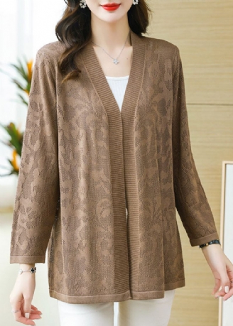 Plus Size Coffee Patchwork Solid Tynd Strik Cardigan Langærmet