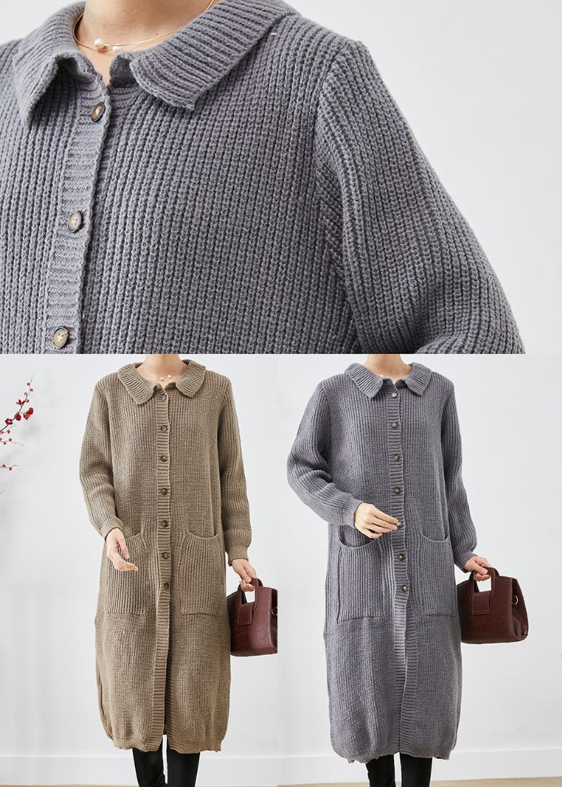 Plus Size Grå Button Down Lommer Strik Lange Frakker Efterår - Dame cardigans