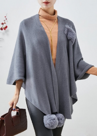 Plus Size Grå Oversized Fuzzy Ball Dekoreret Strik Cardigan Fall