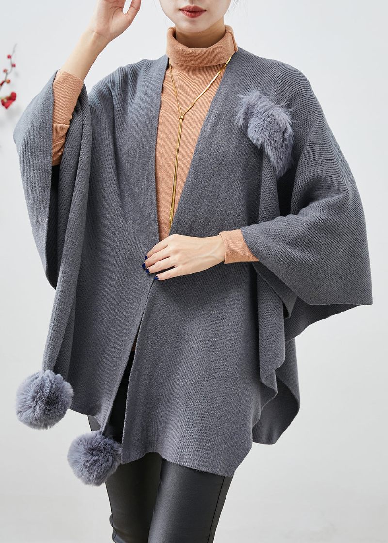 Plus Size Grå Oversized Fuzzy Ball Dekoreret Strik Cardigan Fall - Dame cardigans