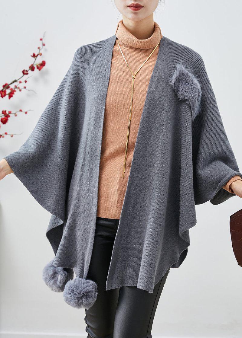 Plus Size Grå Oversized Fuzzy Ball Dekoreret Strik Cardigan Fall - Dame cardigans