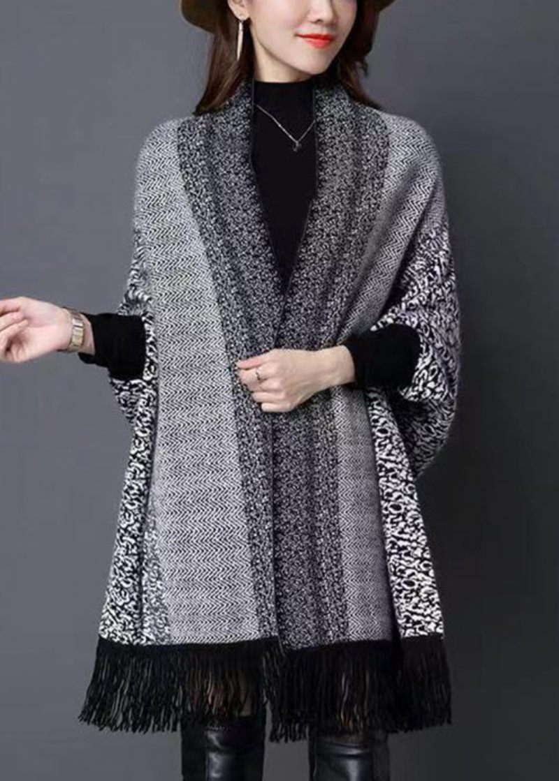 Plus Size Grå V-hals Kvast Patchwork Strik Cardigans Efterår - Dame cardigans