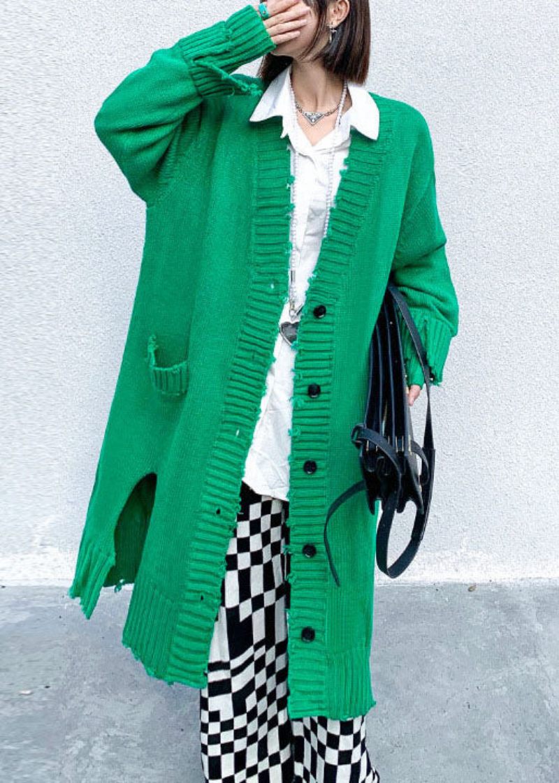 Plus Size Green Hole Side Åben Knap Fall Strik Langærmet Cardigan