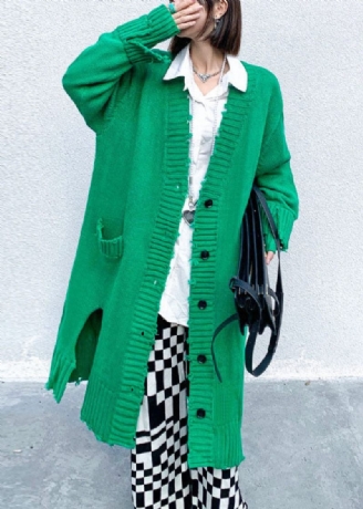 Plus Size Green Hole Side Åben Knap Fall Strik Langærmet Cardigan