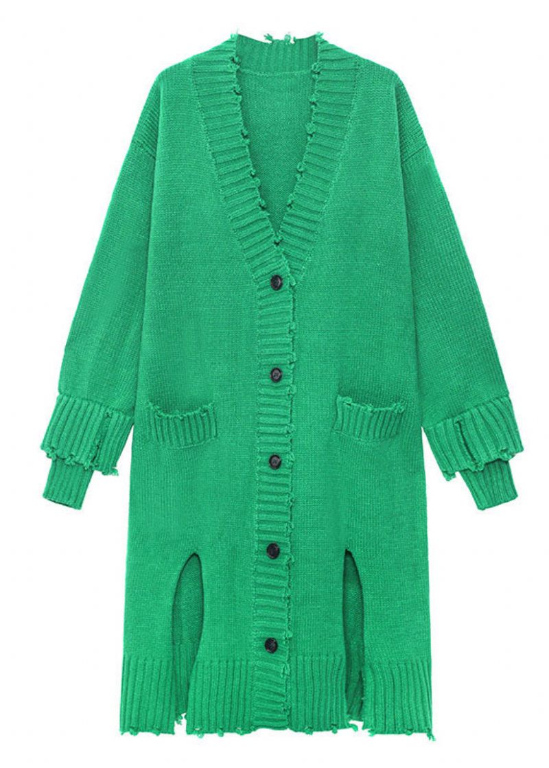 Plus Size Green Hole Side Åben Knap Fall Strik Langærmet Cardigan - Dame cardigans