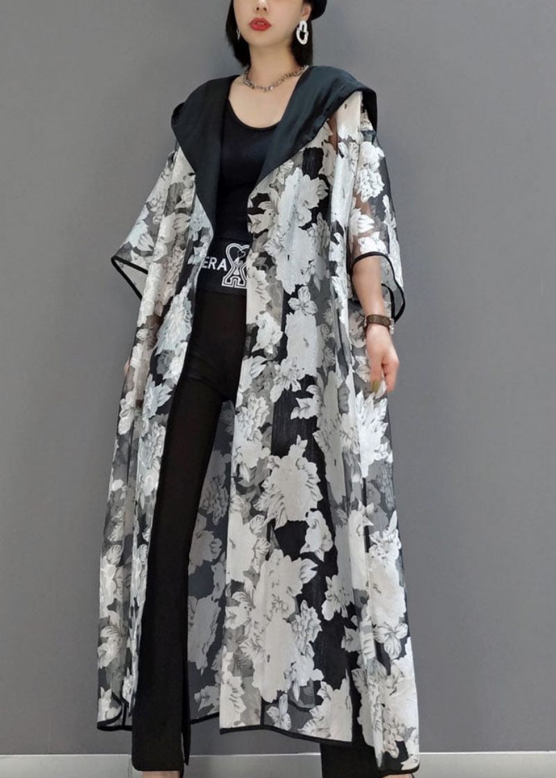 Plus Size Hvid Hætteprint Tyl Cardigans Sommer - Dame cardigans