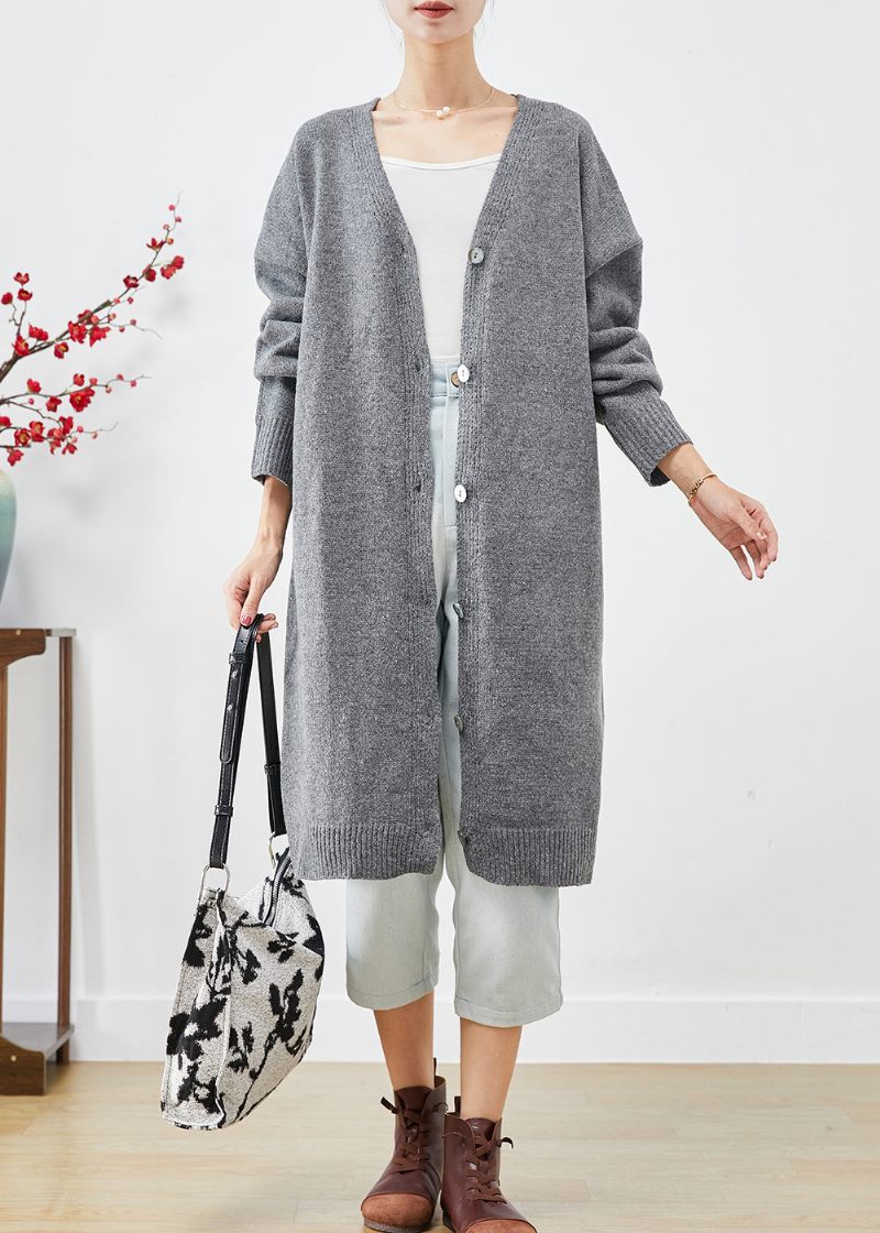 Plus Size Koksgrå Oversized Button Down Strik Cardigan Fall