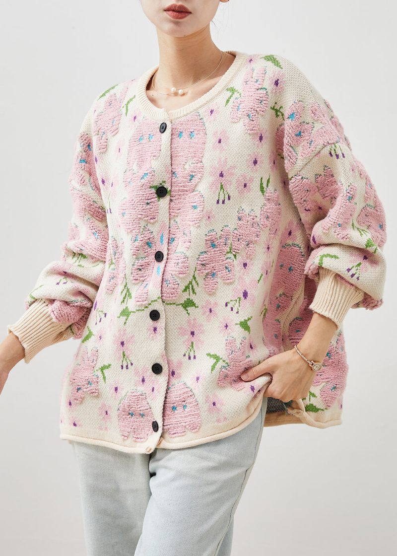 Plus Size Lys Pink Oversized Jacquard Strik Cardigans Vinter