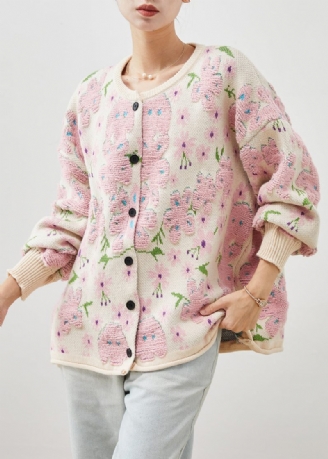 Plus Size Lys Pink Oversized Jacquard Strik Cardigans Vinter