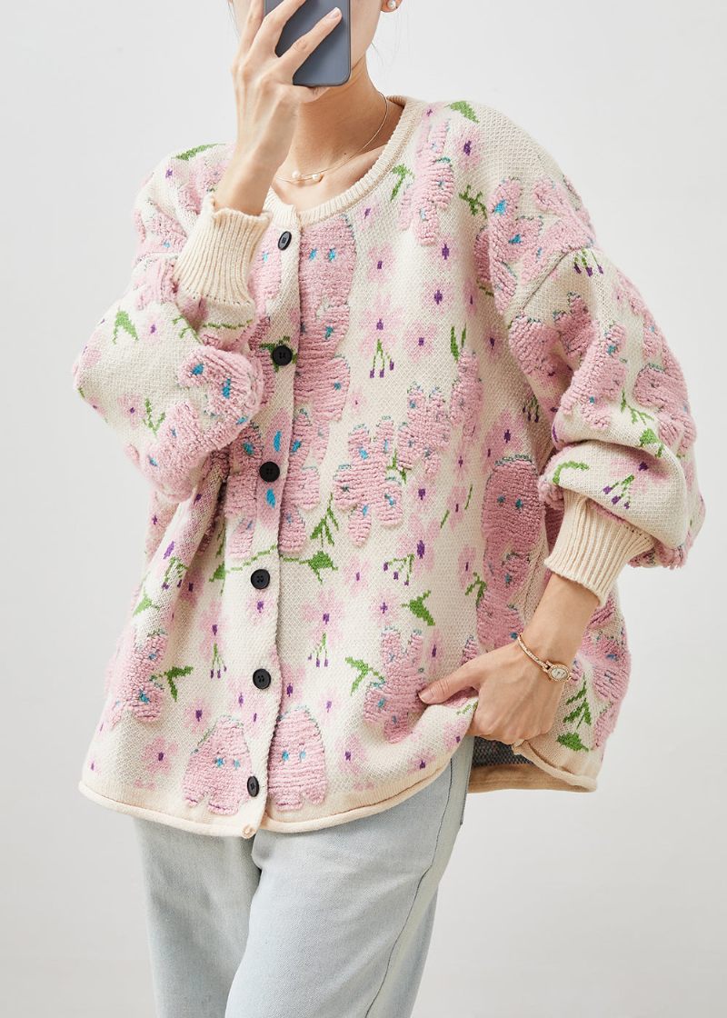 Plus Size Lys Pink Oversized Jacquard Strik Cardigans Vinter - Dame cardigans