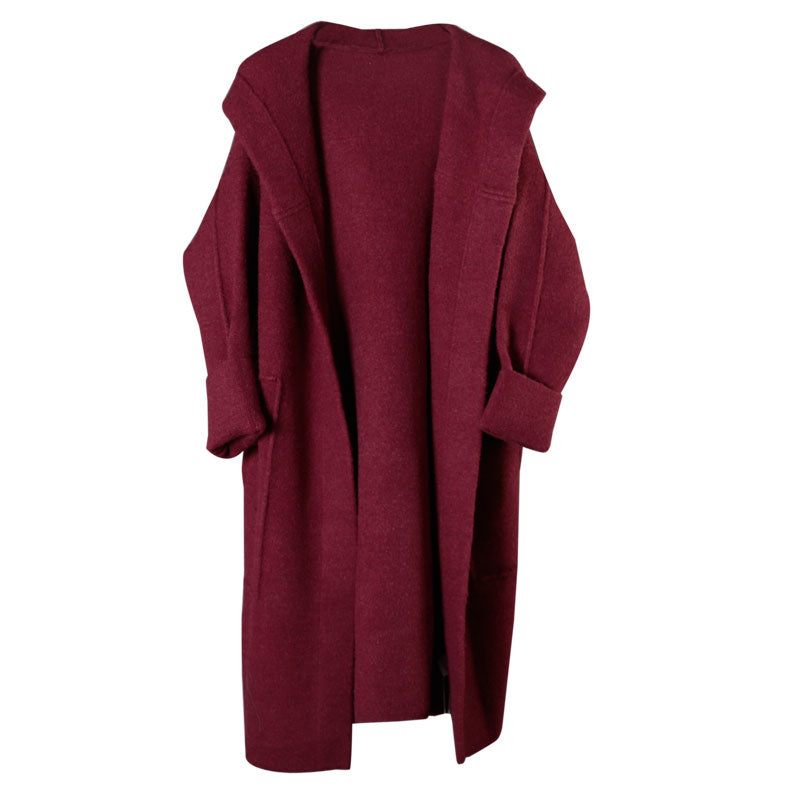 Plus Size Mulberry Løse Lommer Fall Hooded Langærmede Sweaters Frakke - Dame cardigans