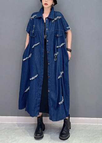 Plus Size Navy Oversized Bomuld Ripped Denim Coat Outwear Kortærmet