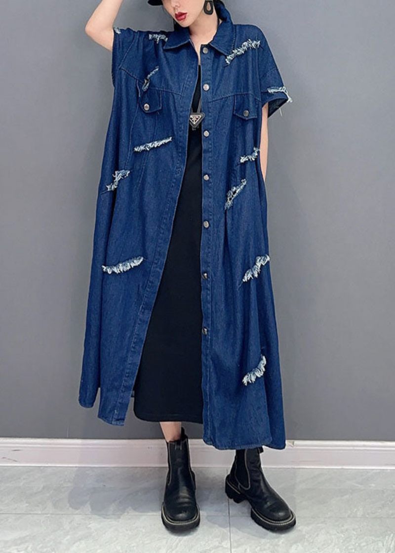 Plus Size Navy Oversized Bomuld Ripped Denim Coat Outwear Kortærmet - Dame cardigans