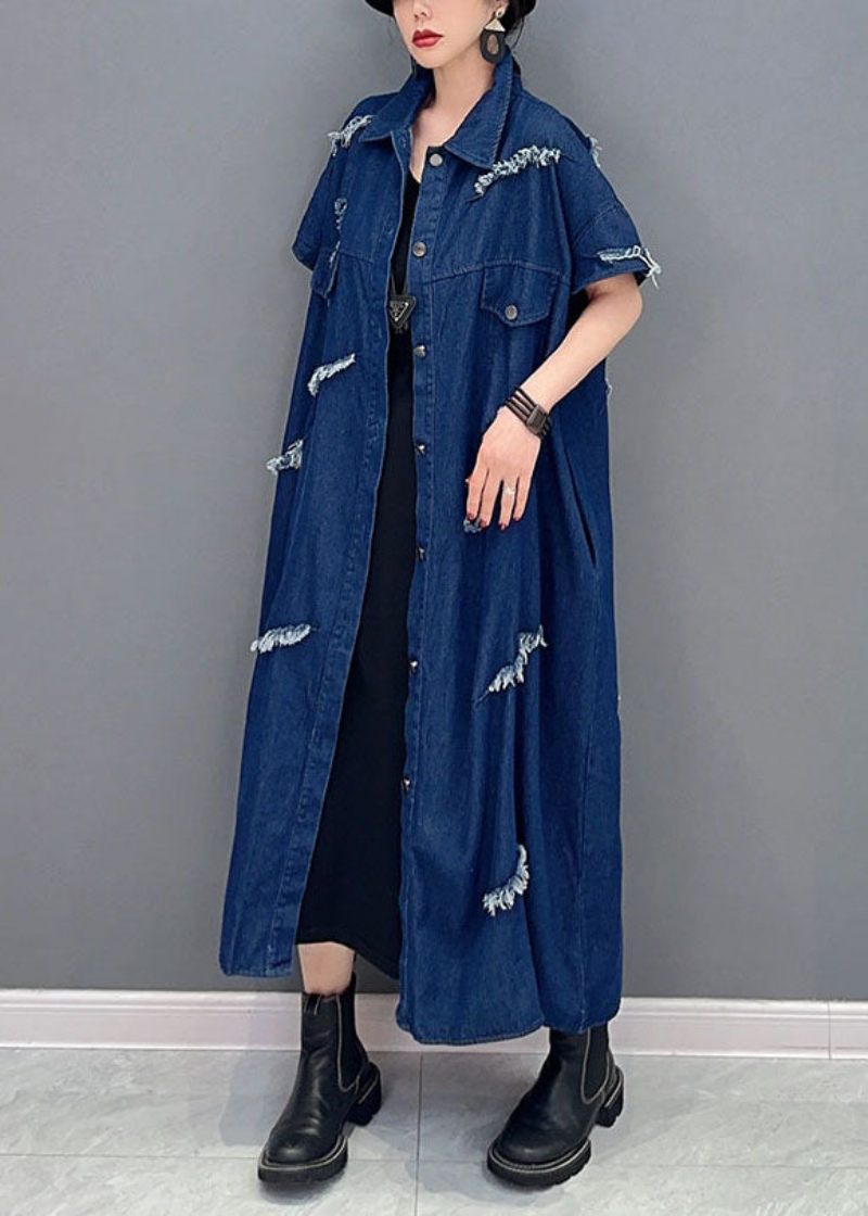 Plus Size Navy Oversized Bomuld Ripped Denim Coat Outwear Kortærmet - Dame cardigans