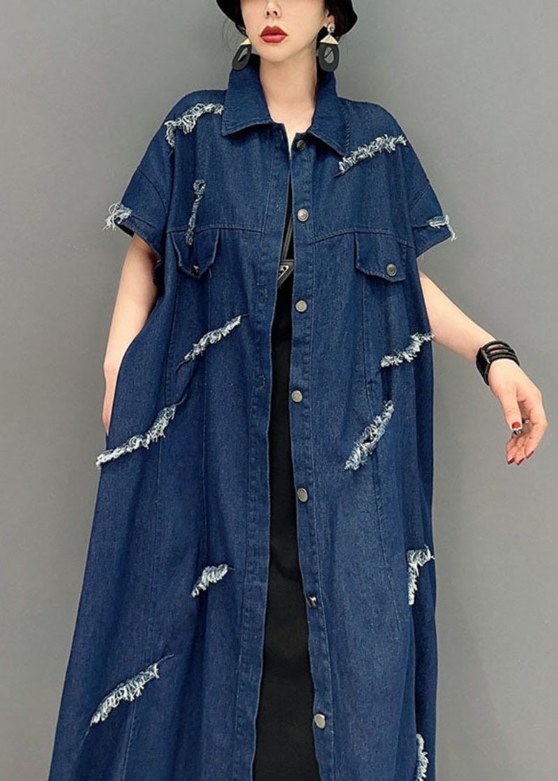 Plus Size Navy Oversized Bomuld Ripped Denim Coat Outwear Kortærmet - Dame cardigans