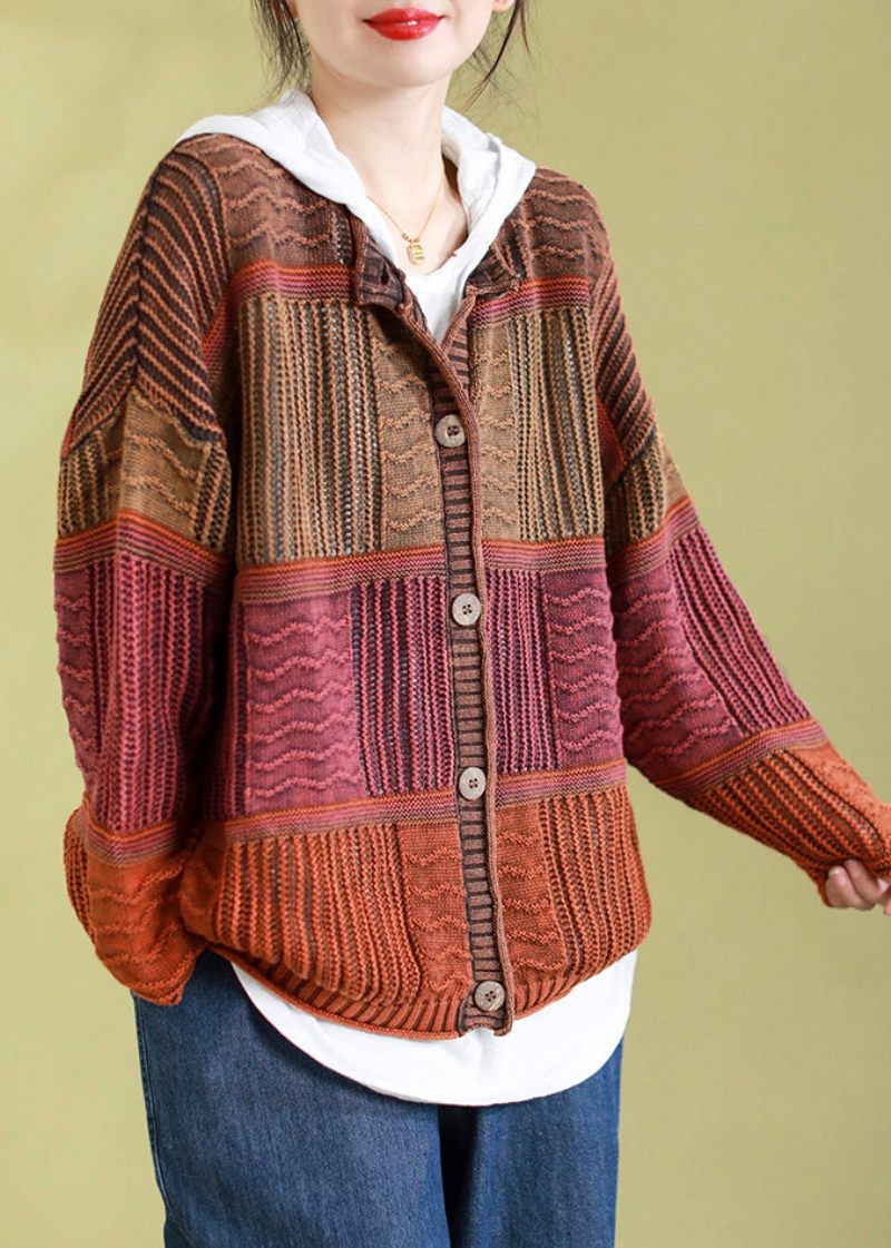 Plus Size Orange O-hals Knap Patchwork Strik Cardigans Forår