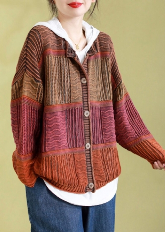 Plus Size Orange O-hals Knap Patchwork Strik Cardigans Forår