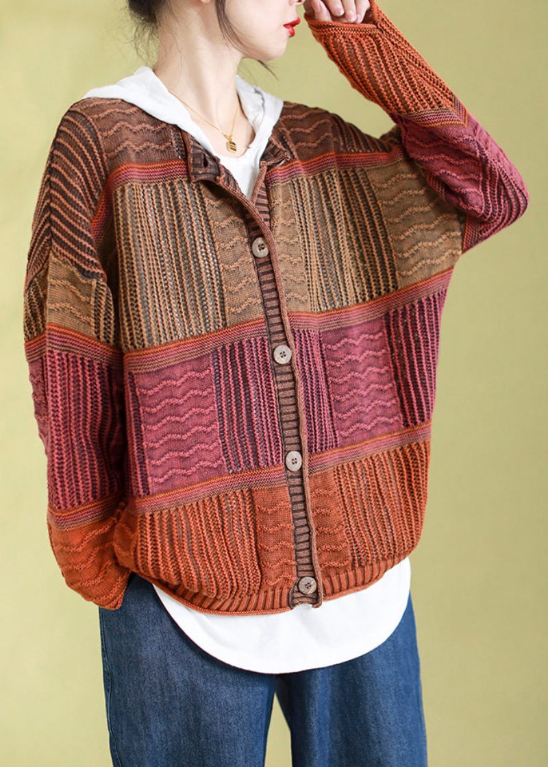 Plus Size Orange O-hals Knap Patchwork Strik Cardigans Forår - Dame cardigans