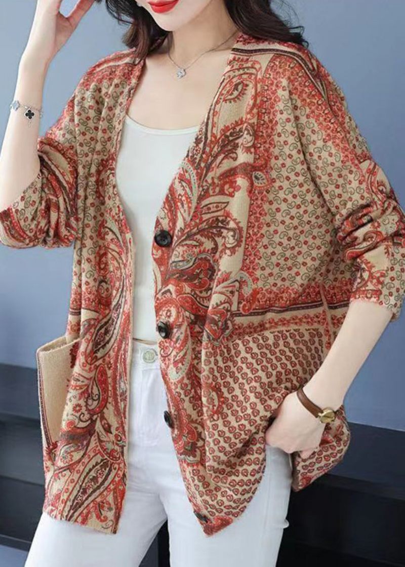 Plus Size Orange V-hals Print Knap Mink Hår Strikket Frakke Efterår - Dame cardigans