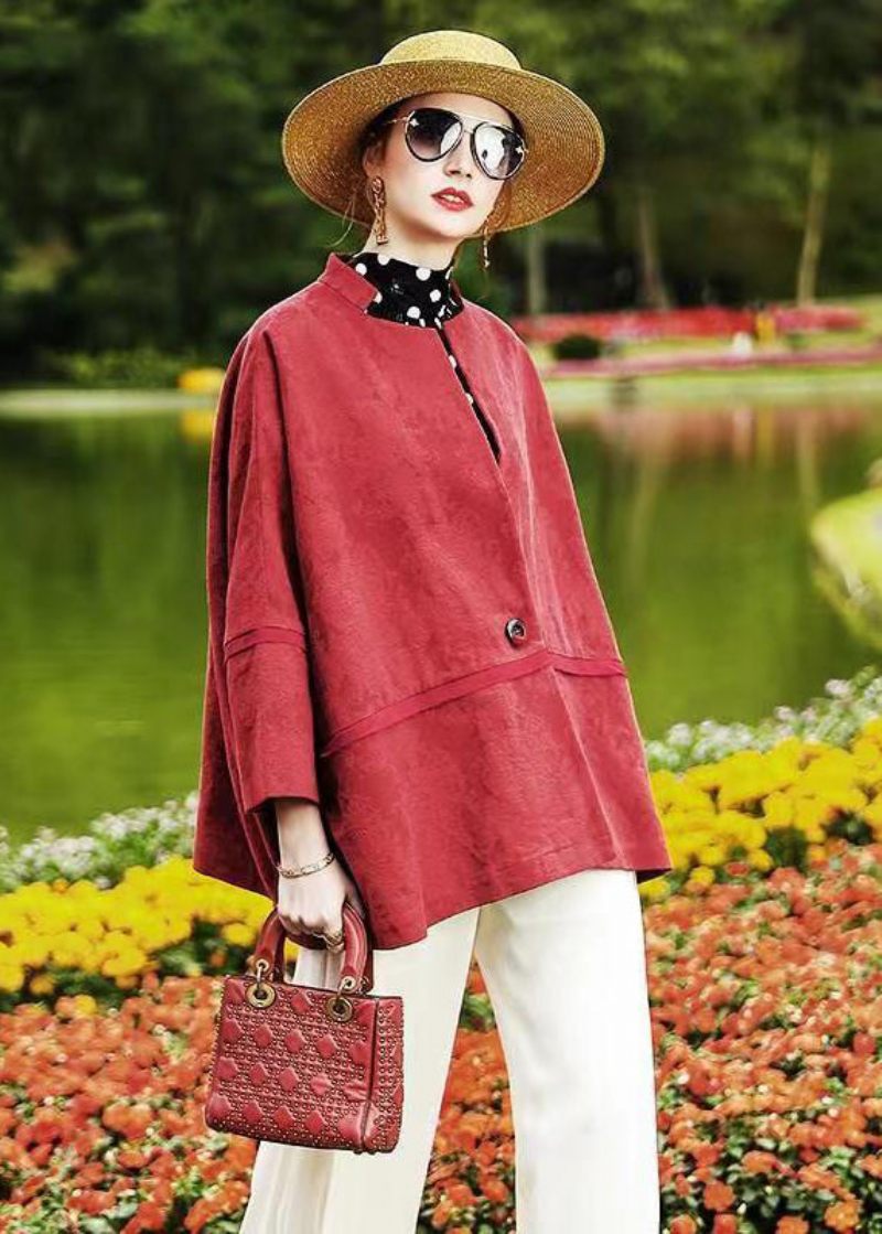 Plus Size Red Batwing Sleeve Patchwork Bomuld Cardigan Coat Fall