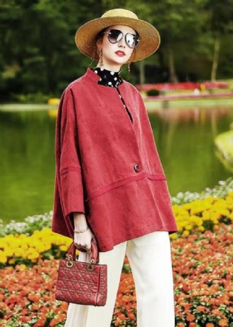 Plus Size Red Batwing Sleeve Patchwork Bomuld Cardigan Coat Fall