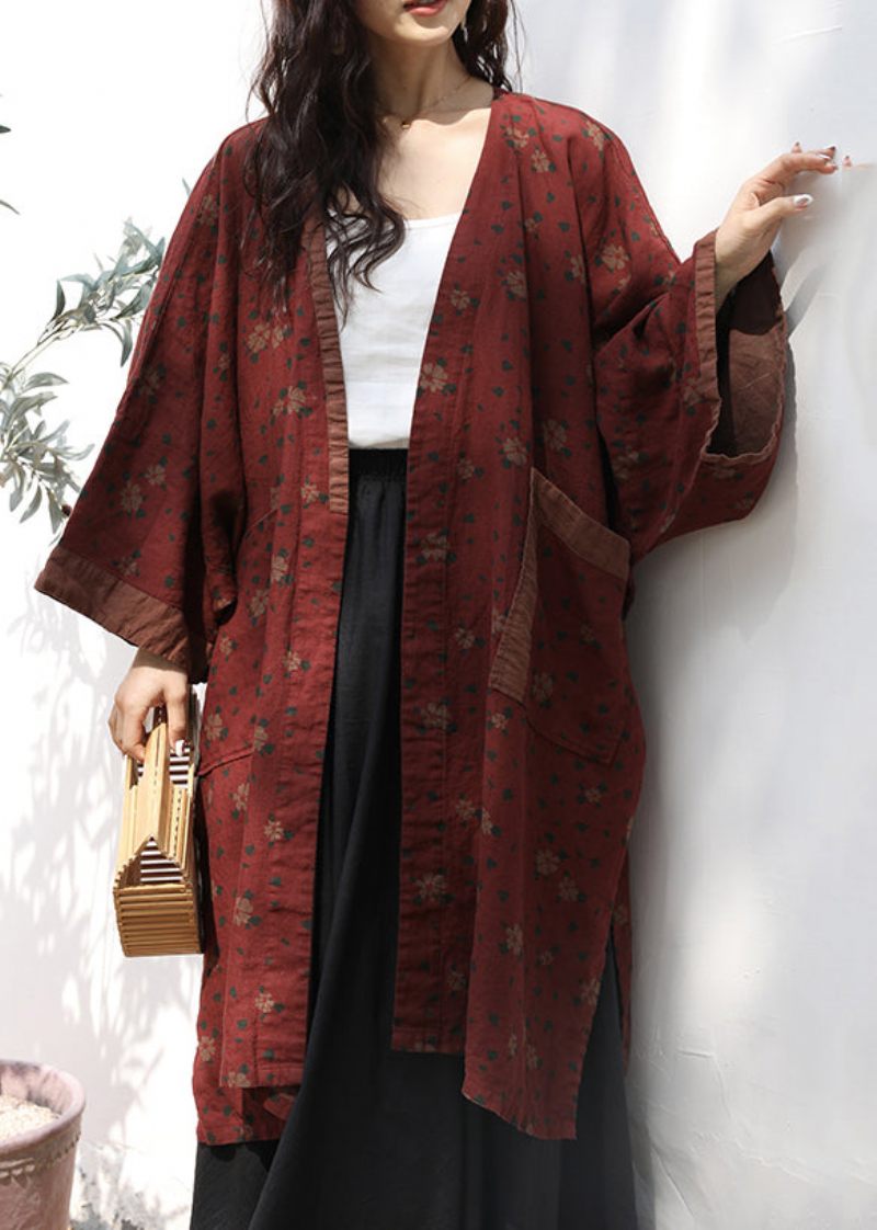 Plus Size Røde Lommer Print Patchwork Linned Cardigans Efterår - Dame cardigans