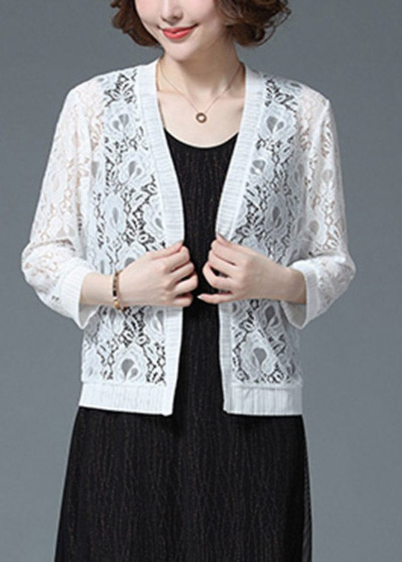 Plus Size White Hollow Out Lace Upf 50+ Cardigan Langærmet