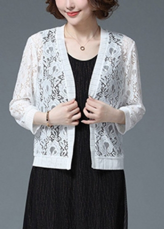 Plus Size White Hollow Out Lace Upf 50+ Cardigan Langærmet