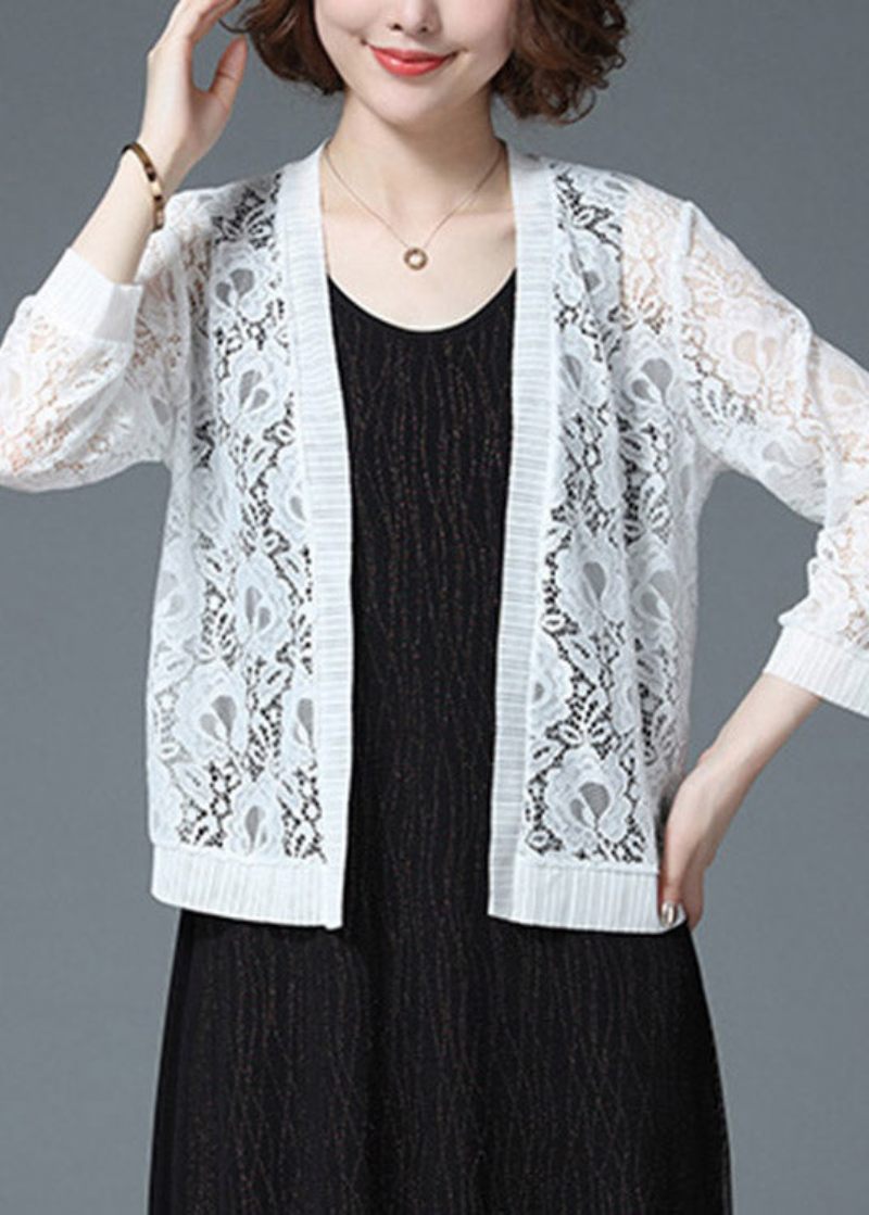 Plus Size White Hollow Out Lace Upf 50+ Cardigan Langærmet - Dame cardigans