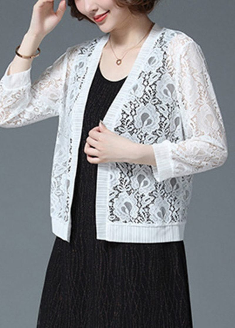 Plus Size White Hollow Out Lace Upf 50+ Cardigan Langærmet - Dame cardigans