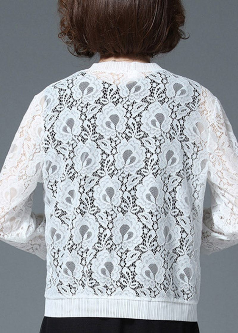 Plus Size White Hollow Out Lace Upf 50+ Cardigan Langærmet - Dame cardigans