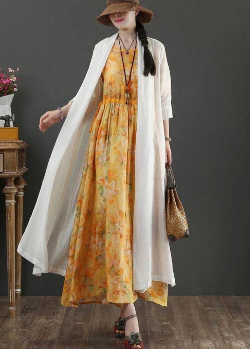 Plus Size White Summer Linen Side Open Loose Coat Long - Dame cardigans