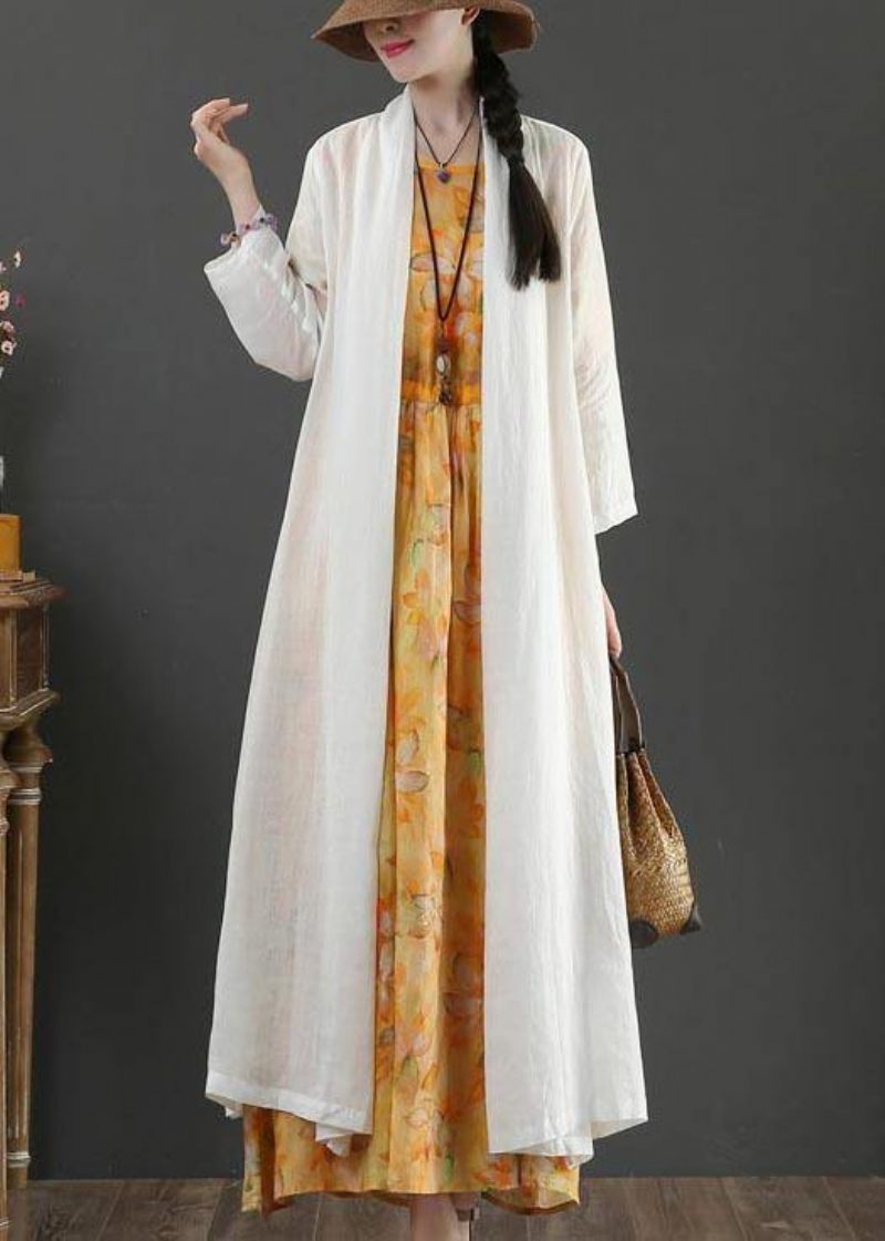 Plus Size White Summer Linen Side Open Loose Coat Long - Dame cardigans