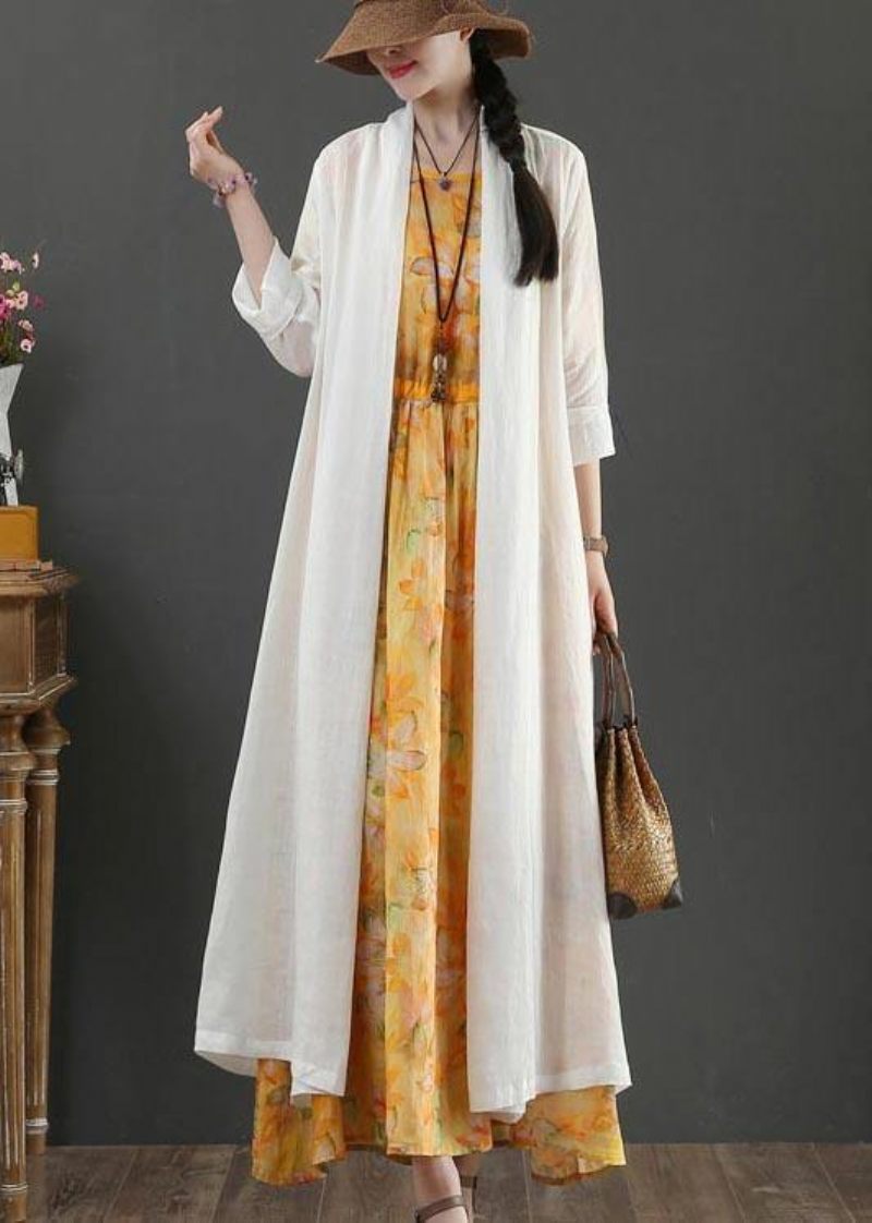 Plus Size White Summer Linen Side Open Loose Coat Long - Dame cardigans