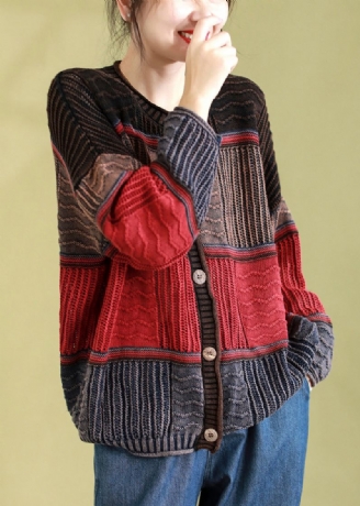 Rød Casual Patchwork Strik Cardigan O-hals Knap Spring