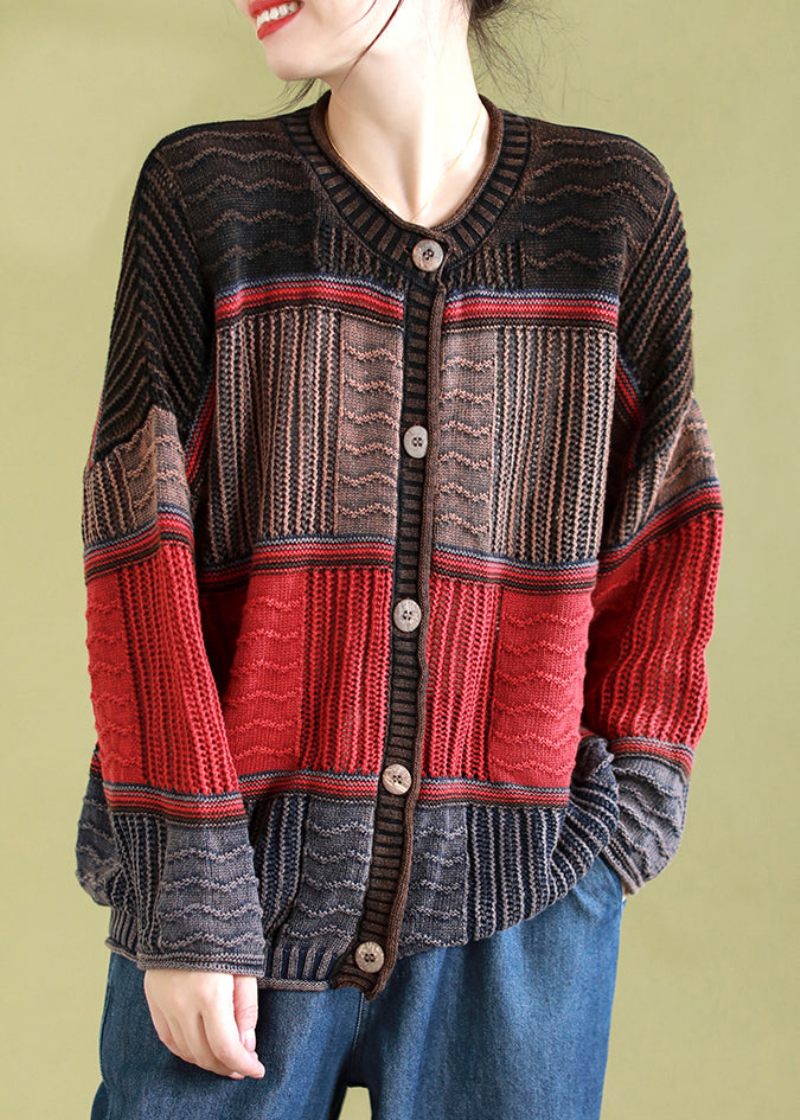 Rød Casual Patchwork Strik Cardigan O-hals Knap Spring - Dame cardigans