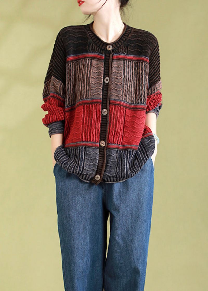 Rød Casual Patchwork Strik Cardigan O-hals Knap Spring - Dame cardigans